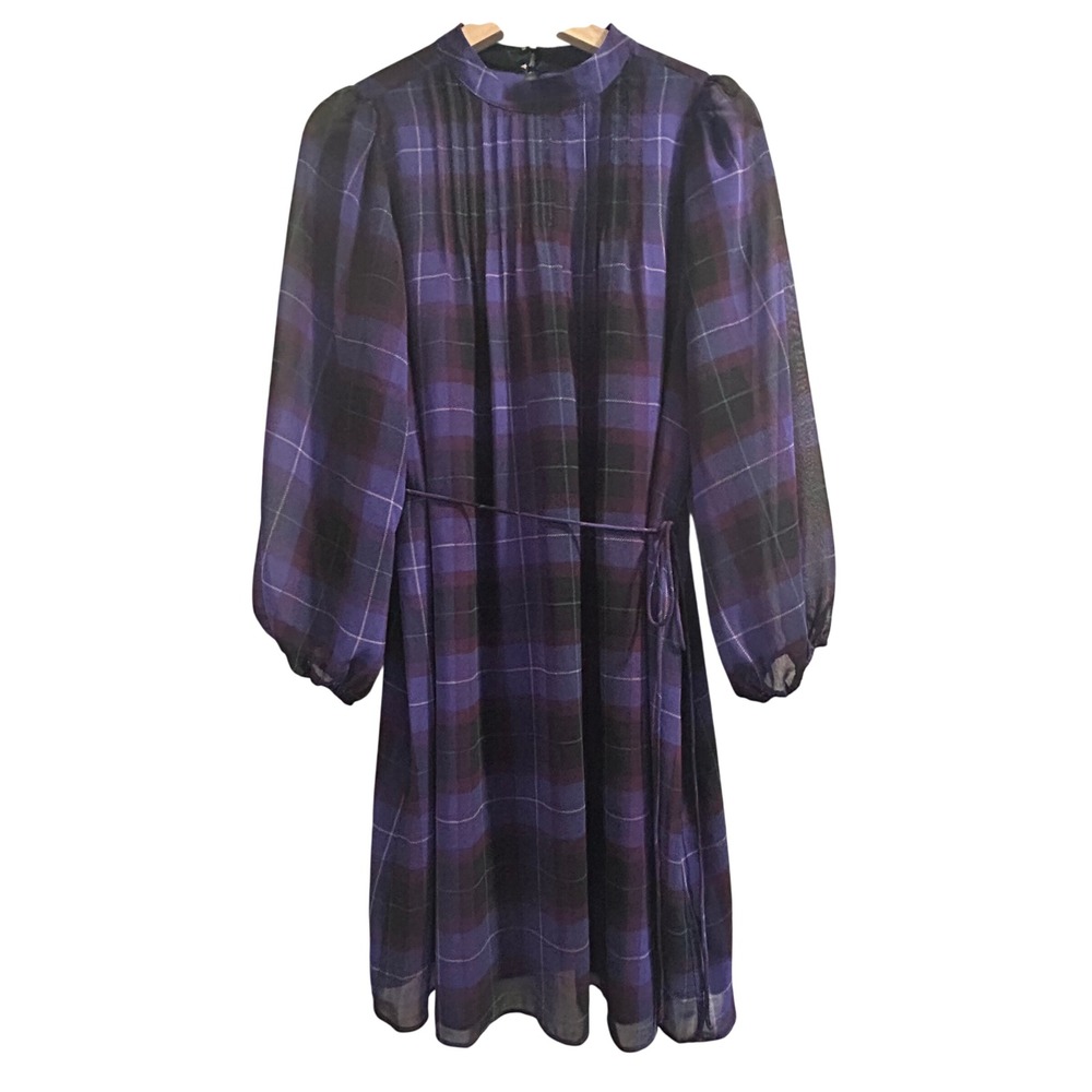 Ann Taylor Purple Plaid Pleated Dress Long Sleeve Sheer Belted MP‎